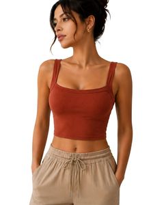 Top Corto de Cuello Cuadrado Color Marrón Oxidado para Mujer, Sin Mangas, de Algodón y Elastano, Elástico, para Fitness, Yoga, Casual, Verano, Básico, Personalizable - Product Image 1