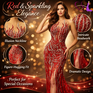 Robe de soirée longue en dentelle et sequins, ornée de perles, pour femmes |   Robe de soirée/mariage sans bretelles à col illusion ornée de cristaux - Product Image 5