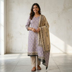 Traje Indio de Algodón con Estampado Floral en Crema, Beige y Morado |   Ropa Étnica Femenina de Alta Calidad con Estampado a Mano |   Conjunto Elegante e Informal de Boutique - Product Image 5