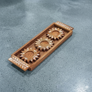 Wooden Coaster Ramadan Eid Natural Wooden <b>Tray</b> with <b>Candle</b> Holder MOP Inlaid Sun Shaped Handmade Wholesale - Product Image 1