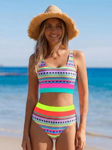 Conjunto de Bikini a Rayas Coloridas de Alta Calidad para Mujer, Top Corto de Cintura Alta, Traje de Baño de Dos Piezas, Spandex, Poliéster, Estampado, Traje de Baño Moderno - Product Image 3
