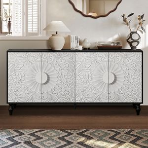 Mobile TV Vintage Bianco con Ante Grandi Sfaccettate Intagliate e Incollate, Combinato con Cornici Nere, Eleganti Credenze e Sideboard - Product Image 1