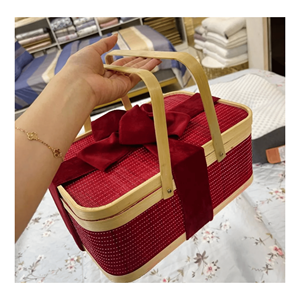 Square bamboo <b>basket</b> handmade from natural bamboo with handle for storage cake fruit and kitchen <b>display</b> use, crafted in Vietnam - Product Image 1