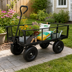 Chariot de jardin en acier avec panneaux grillagés amovibles, capacité de 450 kg, pneus pneumatiques de 10 pouces, pour transporter terre et plantes ODGGAD008 - Product Image 1