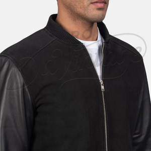 Chaqueta bomber de gamuza negra para hombre con mangas de cuero genuino, estilo híbrido ajustado, estilo motociclista, con cremallera, estilo universitario. - Product Image 6