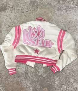 Chaqueta Varsity Blanca y Rosa con Logotipo Hockstar Bordado, Estilo Y2K, Cuello con Capucha, Manga Larga, Diseño 2 en 1, Ropa de Otoño - Product Image 2