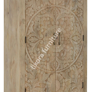 Luxury Handcrafted Solid Wood 2 Door <b>Wardrobe</b> Ornate Floral Mandala Carving Natural Mango Finish - Product Image 2