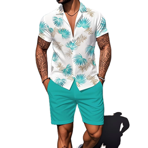 Men's Solid Casual Sport Cuban Collar Shirt Shorts Set Loose Fit Gym Wear 100% Cotton Satin Quick Dry Summer Fashion Fresh Base - Product Image 1