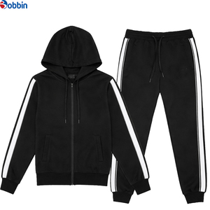 Nuevo Conjunto Deportivo Unisex Negro Cómodo con Capucha, Cierre de Cremallera, Manga Larga, Rayas, Ropa Casual de Otoño para Adultos, Corte Regular, Transpirable - Product Image 1