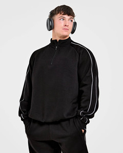 Wholesale OEM Custom <b>Black</b> High Neck <b>Men's</b> Half Zip Piping Hoodie Cotton Blended Breathable Tracksuit Streetwear Hoodie For <b>Men</b> - Product Image 5