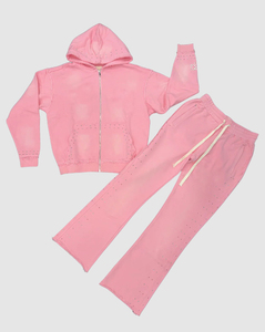 Private Label Heavyweight Luxury Cotton Custom Acid Wash Rhinestone <b>Zip</b>-Up Hoodie & Flared Sweatpants Streetwear Tracksuit - Product Image 1