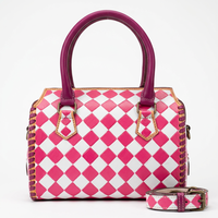 Sac de voyage de luxe portable en cuir véritable 100% avec motif losanges à carreaux rose et blanc et double poignée