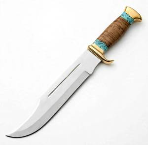 Outil utilitaire robuste en acier fixe avec cadre en acier poli, double protection en laiton et manche en résine turquoise et bois - Product Image 1
