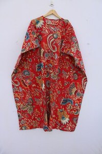 Túnica Kaftan de Algodón para Mujer, Cuello en V, Cierre de Encaje, Estampado Floral, Manga Corta, Largo Completo, Informal, Transpirable, de Secado Rápido, Suave para el Verano - Product Image 2
