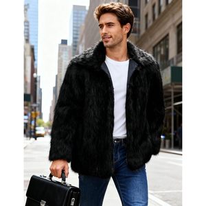 Manteau en fausse fourrure noire pour homme, col rabattu, manches régulières, couleur unie, coupe ample, parka épaisse - Product Image 4