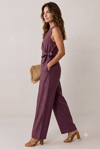 Combinaison décontractée d'été pour femme, violette, taille haute, en coton extensible, sans manches, col en V, jambes larges, respirante, avec ceinture, longueur intégrale, transparente - Product Image 2