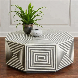Mesa de centro rectangular con incrustaciones de hueso en blanco y negro, con delicadas incrustaciones de ramas florales, disponible a precio de mayorista. - Product Image 6