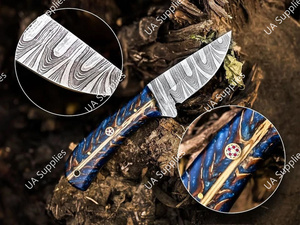 Cuchillos de caza de acero de Damasco hechos a mano al por mayor, hoja fija, para camping, afilados como una cuchilla, mango de pino, ODM OEM - Product Image 2