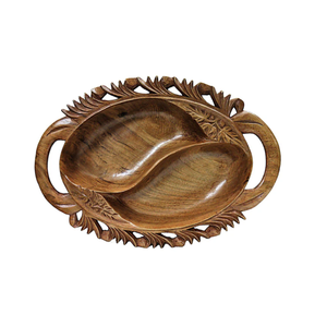 Bol de service en bois artisanal à double compartiment avec poignées sculptées - Product Image 1
