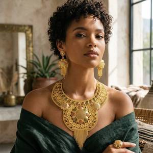 Juego de Collares Largos de Latón con Baño de Oro de 14K, 18K, 24K, Estilo Dubái, Diseño Tradicional, Joyería de Moda para Novias, Venta al por Mayor - Product Image 3