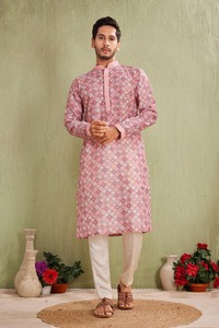 Traditional Casual Wear <b>Men's</b> Pink Printed Cotton <b>Kurta</b> Regular Fit Ankle-Length India Pakistan Style <b>Kurta</b> for <b>Mens</b> - Product Image 4