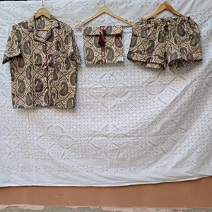 Premium <b>Stitched</b> Quality Block Printed Fabric Short Pajama Set Short Sleeve Shirt, Elastic Waist Short Bottom Women Sleepwear Pj - Product Image 1