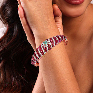 Luxury Rose Gold <b>Ruby</b> and Diamond Bangle <b>Bracelet</b> with Cascading <b>Ruby</b> Beads and Emerald Floral Centerpiece - Product Image 4