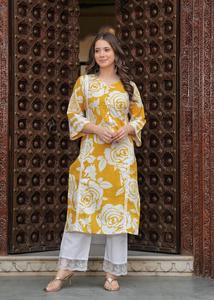 Yellow Floral Printed Women's <b>Tunic</b> <b>Dress</b> Loose Fit Three Quarter Flutter Sleeve Cotton Casual <b>Summer</b> Wear Midi Length - Product Image 3