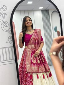 Pure Simar Silk Lehenga With Jacquard Soft Silk <b>Saree</b> Dupatta Moti Work <b>Blouse</b> Wedding Festival Wear Set - Product Image 6