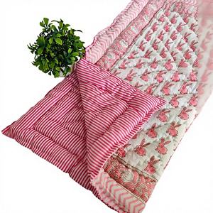 Rabbit <b>Pink</b> White Block Print Quilted <b>Throw</b> <b>Blanket</b> 100% Cotton Eco-Friendly Handmade Modern Hotel Luxury Oversized - Product Image 1