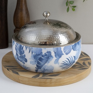 Blue Floral Design Ceramic Casserole With Hammered Metal Lid. Elegant Insulated <b>Serving</b> <b>Dish</b> For Premium Dining & Home Decor - Product Image 2