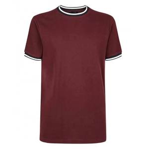 Men's Maroon Short Sleeve T-<b>Shirt</b> O-Neck Contrast Trim Regular Fit Casual Jersey Knit <b>100</b>% Cotton Solid Color - Product Image 2