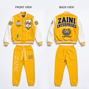 Women Varsity Tracksuit GSM Premium Cotton Polyester Fleece Yellow White Contrast Sleeves Chenille <b>Embroidery</b> Print Custom Logo - Product Image 1