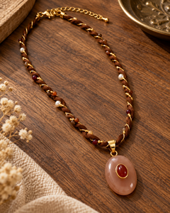 Collar Boho Hecho a Mano con Cordón Trenzado Marrón, Imitación de Perla, Piedra Lunar Color Durazno, para Mujer, Joyería de Moda Personalizada - Product Image 3