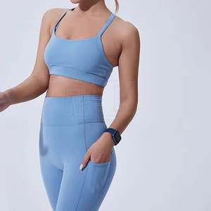 Blue Two Piece Yoga <b>Set</b> <b>Square</b> Neck Racerback Crop Top High Waist Leggings With Pockets Breathable Spandex Polyester - Product Image 3