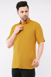 Mens <b>Half</b> Sleeve Cotton <b>Shirt</b> Regular Fit Yellow Solid Casual <b>Button</b> Down <b>Shirt</b> Breathable Lightweight Summer Wear Spread Collar - Product Image 2