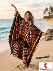 Robe Kaftan Col V Tie-Dye Ample Longueur Ras du Sol Manches Courtes Bohème Été Plage Cache-Maillot en Mousseline pour Femme Fabricant OEM ODM - Product Image 4