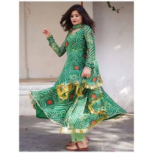 VESTIDO DE TRABAJO DE ENCAJE CON IMPRESIÓN DIGITAL DE DISEÑADOR GEORGETTE CON DUPATTA GREEN Dhoti - Product Image 2