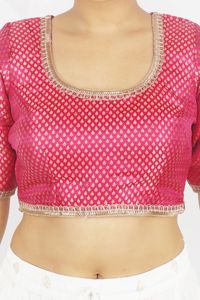 Pink Formal Embroidered Yarn Dyed Blouse for Women Woven Short Sleeve Square Neck <b>Crop</b> <b>Top</b> for Wedding Party - Product Image 4