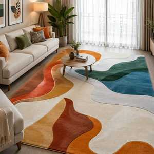 Alfombra Moderna Abstracta Multicolor de Lana Ecológica, Tejida a Mano, de Pelo Alto y Grosor Medio - Product Image 2
