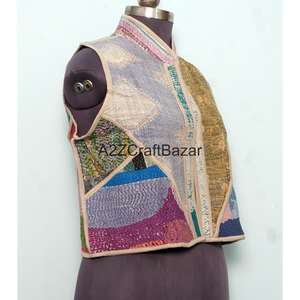 Chaleco Kantha Hecho a Mano 100% Algodón Puro para Mujer, Estampado Floral, Sin Tejido, para Primavera/Otoño, con Mangas Cortas - Product Image 4