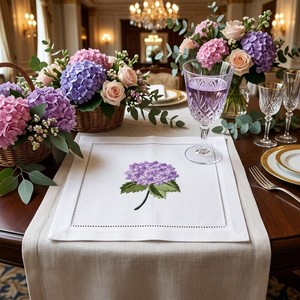Lavender Hydrangea Cotton <b>Cocktail</b> <b>Napkins</b> Embroidered Cloth Coasters Reusable Hemstitch Table Decor for Parties & Dining - Product Image 1
