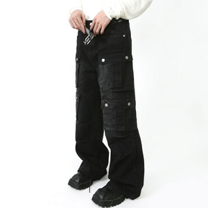 <b>Mens</b> Black <b>Overalls</b> Wide Leg Jeans Vintage Washed <b>Denim</b> Multi Pocket Mid Waist Streetwear Casual Pants Loose Custom Wholesale - Product Image 4