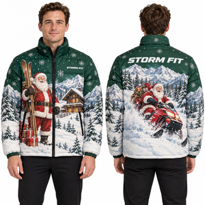 Veste matelassée pour homme avec impression par sublimation de Père Noël, chaude pour l'hiver, fermeture éclair, col montant, coupe-vent - Product Image 6