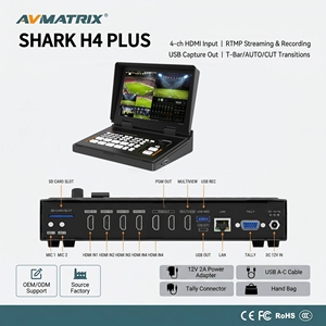 AVMATRIX Shark <span class=keywords><strong>H4</strong></span> Plus เครื่องสลับสัญญาณวิดีโอ HDMI 4 ช่องสัญญาณ หน้าจอ LCD 10.1 นิ้ว รองรับการสตรีมแบบ RTMP SRT และการบันทึก สำหรับการถ่ายทอดสดในโบสถ์ - Product Image 1