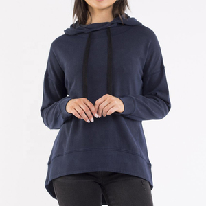 <b>Women's</b> <b>Navy</b> Blue Hooded Sweatshirt Long Sleeve Casual Asymmetric Hem Knitted Cotton Pullover Hoodie Autumn Wear - Product Image 5