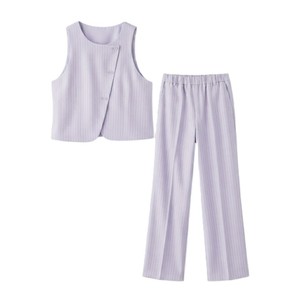 Ensemble long 2 pièces pour femme, gilet sans manches et pantalon rayés tissés, col boutonné, décontracté, respirant, 100% coton, tenue d'été - Product Image 4