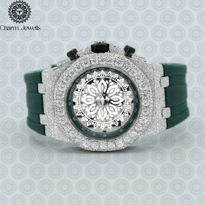 Charm_Jewells Luxury Men's Stainless Steel Watch 43mm Diamond Bezel Analog Quartz <b>Chronograph</b> Green Silicone Band - Product Image 1