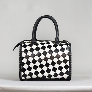 Luxury <b>Leather</b> Duffel Bag Checkerboard Pattern Cowhide Heart Panel Zipper Closure Travel Handbag - Product Image 2