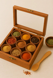 Handcrafted Wooden Spice <b>Box</b> 9 Compartment <b>Masala</b> Dabba with Glass Lid Traditional Kitchen Spice Storage Organizer - Product Image 2